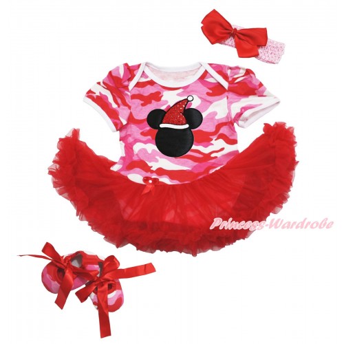Xmas Pink Camouflage Baby Bodysuit Red Pettiskirt & Christmas Minnie Print & Light Pink Headband Red Silk Bow & Red Ribbon Pink Camouflage Shoes JS4133