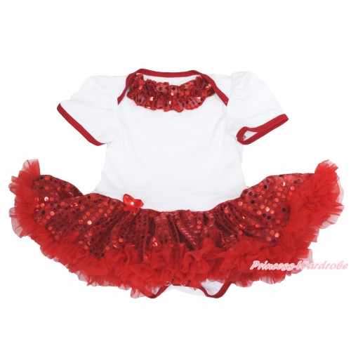 Xmas White Baby Bodysuit Sparkle Red Sequins Pettiskirt & Red Sequins Lacing JS4135