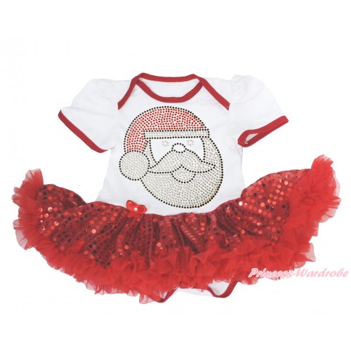 Xmas White Baby Bodysuit Sparkle Red Sequins Pettiskirt & Sparkle Rhinestone Santa Claus Print JS4136