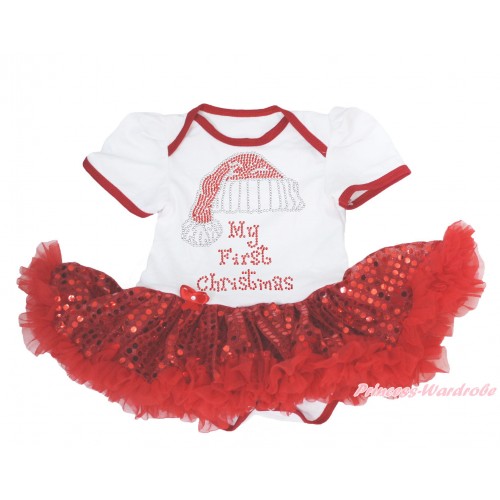 Xmas White Baby Bodysuit Sparkle Red Sequins Pettiskirt & Sparkle Rhinestone Christmas Hat Print JS4137