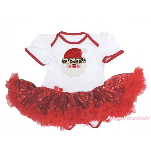 Xmas White Baby Bodysuit Sparkle Red Sequins Pettiskirt & Leopard Santa Claus Print JS4138