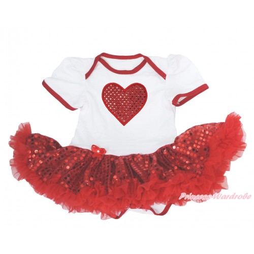 Valentine's Day White Baby Bodysuit Sparkle Red Sequins Pettiskirt & Sparkle Red Heart Print JS4139
