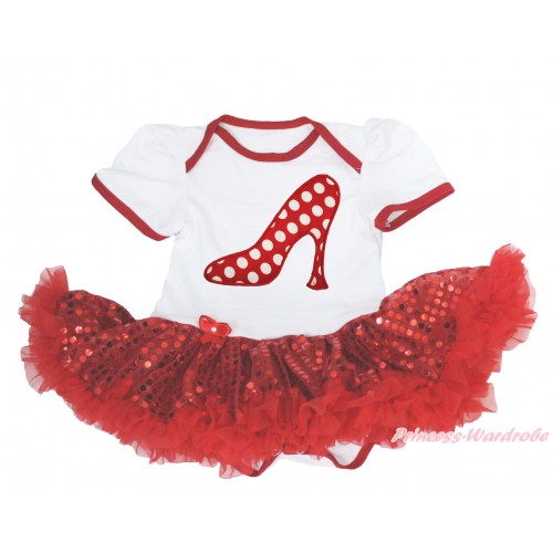 White Baby Bodysuit Sparkle Red Sequins Pettiskirt & Minnie Dots High Heel Shoes Print JS4140