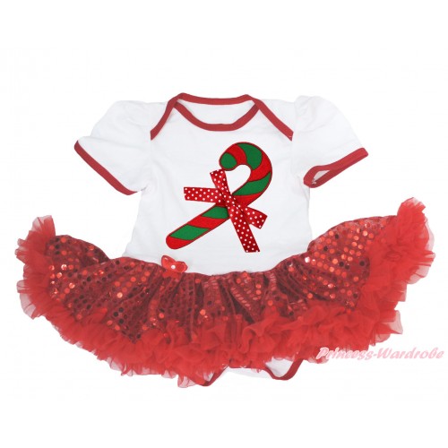 Xmas White Baby Bodysuit Sparkle Red Sequins Pettiskirt & Christmas Stick & Minnie Dots Bow Print JS4141