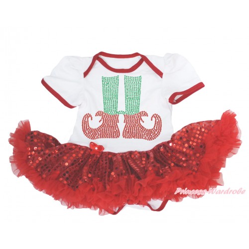 Xmas White Baby Bodysuit Sparkle Red Sequins Pettiskirt & Sparkle Rhinestone Elf Socks Print JS4142