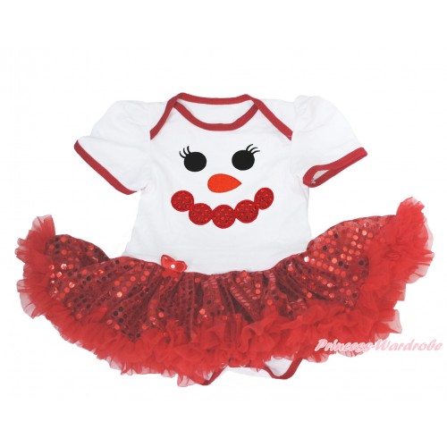 Xmas White Baby Bodysuit Sparkle Red Sequins Pettiskirt & Sparkle Red Snowman Face Print JS4144