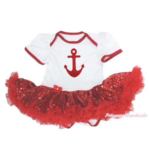 White Baby Bodysuit Sparkle Red Sequins Pettiskirt & Sparkle Red Anchor Print JS4145