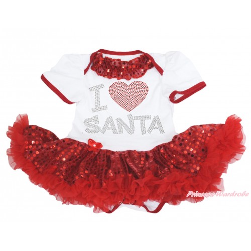 Xmas White Baby Bodysuit Sparkle Red Sequins Pettiskirt & Red Sequins Lacing & Sparkle Rhinestone I Love Santa Print JS4146