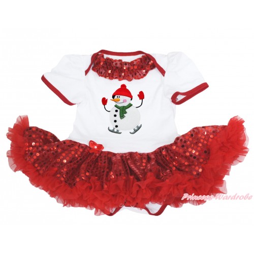 Xmas White Baby Bodysuit Sparkle Red Sequins Pettiskirt & Red Sequins Lacing & Ice-Skating Snowman Print JS4148