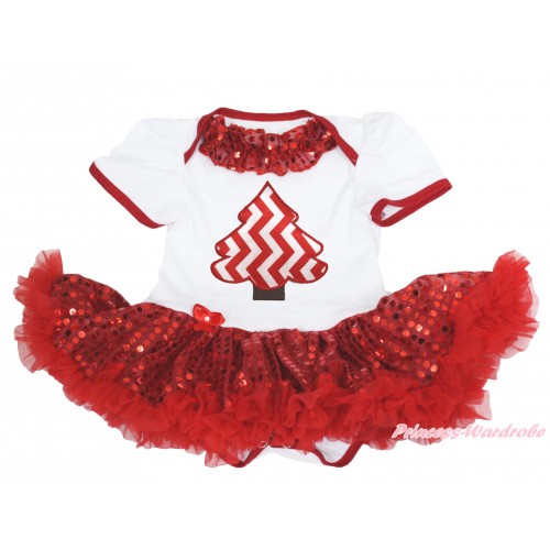 Xmas White Baby Bodysuit Sparkle Red Sequins Pettiskirt & Red Sequins Lacing & Red White Chevron Christmas Tree Print JS4149