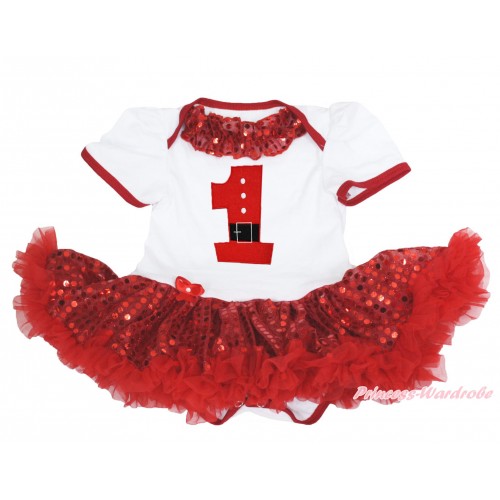 Xmas White Baby Bodysuit Sparkle Red Sequins Pettiskirt & Red Sequins Lacing & 1st Santa Claus Birthday Number Print JS4150