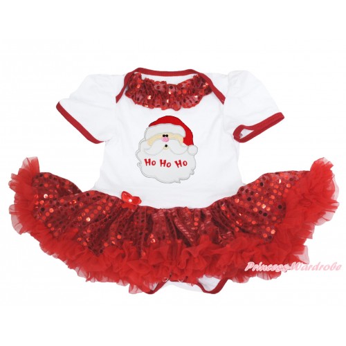 Xmas White Baby Bodysuit Sparkle Red Sequins Pettiskirt & Red Sequins Lacing & Santa Claus Print JS4151
