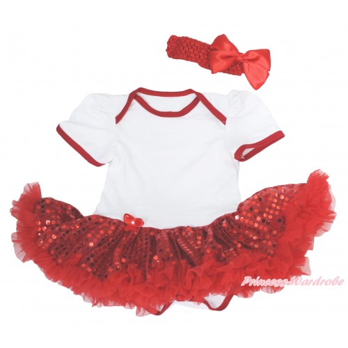 Xmas White Baby Bodysuit Sparkle Red Sequins Pettiskirt & Red Headband Silk Bow JS4152