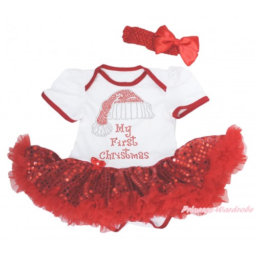 Xmas White Baby Bodysuit Sparkle Red Sequins Pettiskirt & Sparkle Rhinestone Christmas Hat & Red Headband Silk Bow JS4155