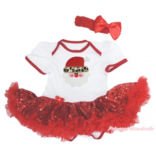 Xmas White Baby Bodysuit Sparkle Red Sequins Pettiskirt & Leopard Santa Claus & Red Headband Silk Bow JS4156