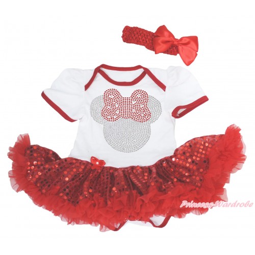 Xmas White Baby Bodysuit Sparkle Red Sequins Pettiskirt & Sparkle Rhinestone Red Minnie & Red Headband Silk Bow JS4161