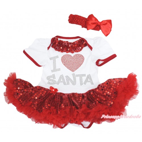 Xmas White Baby Bodysuit Sparkle Red Sequins Pettiskirt & Red Sequins Lacing & Sparkle Rhinestone I Love Santa Print & Red Headband Silk Bow JS4164