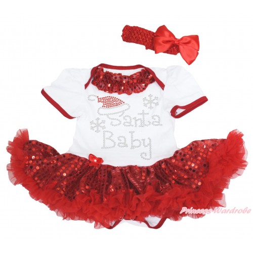 Xmas White Baby Bodysuit Sparkle Red Sequins Pettiskirt & Red Sequins Lacing & Sparkle Rhinestone Santa Baby Print & Red Headband Silk Bow JS4165