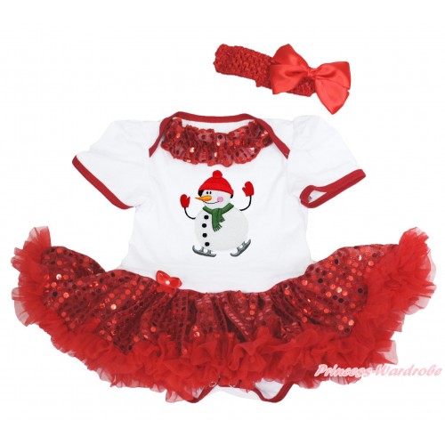 Xmas White Baby Bodysuit Sparkle Red Sequins Pettiskirt & Red Sequins Lacing & Ice-Skating Snowman Print & Red Headband Silk Bow JS4166