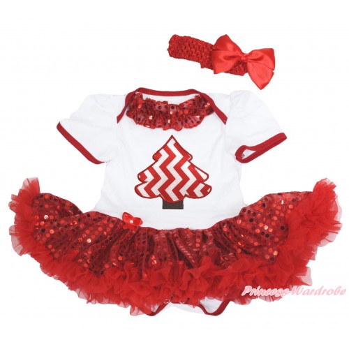 Xmas White Baby Bodysuit Sparkle Red Sequins Pettiskirt & Red Sequins Lacing & Red White Chevron Christmas Tree Print & Red Headband Silk Bow JS4167