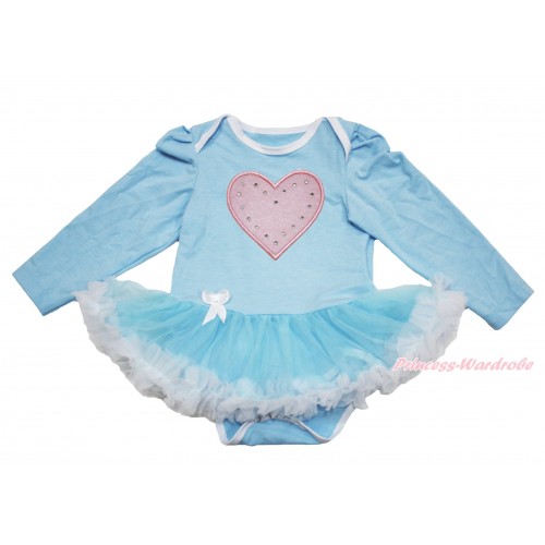 Valentine's Day Light Blue Long Sleeve Baby Bodysuit Light Blue White Pettiskirt & Light Pink Heart Print JS4205