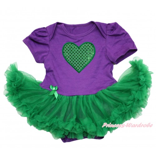 Valentine's Day Dark Purple Baby Bodysuit Kelly Green Pettiskirt & Sparkle Kelly Green Heart Print JS4211