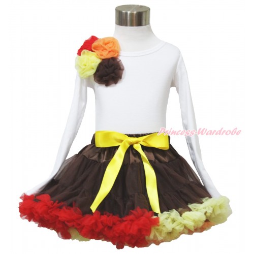 Thanksgiving White Long Sleeves Top & Bunch of Red Orange Yellow Brown Rosettes & Brown Red Yellow Pettiskirt MW562