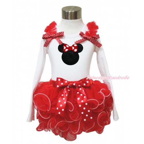 White Long Sleeve Top Red Ruffles Minnie Dots Bow & Red Minnie & Minnie Dots Bow Red Petal Pettiskirt MW575