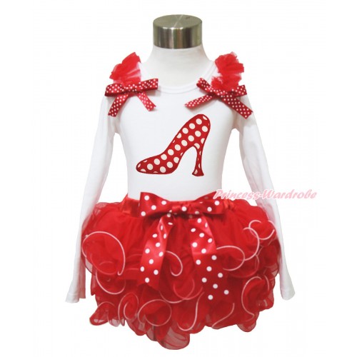 White Long Sleeve Top Red Ruffles Minnie Dots Bow & Minnie Dots High Heel Shoes & Minnie Dots Bow Red Petal Pettiskirt MW579