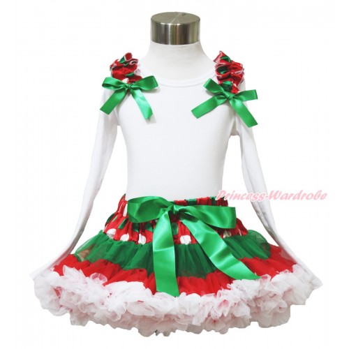 Xmas White Long Sleeve Top Red White Green Dots Ruffles Kelly Green Bow & Red White Green Dots Pettiskirt MW588