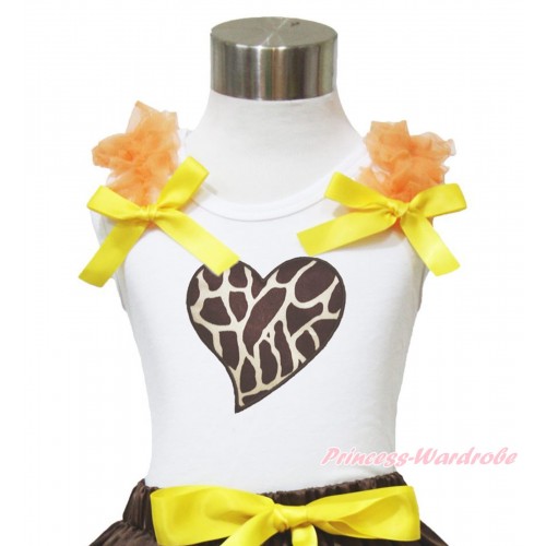 Valentine's Day White Tank Top Orange Ruffles Yellow Bow & Giraffe Heart Print TB946
