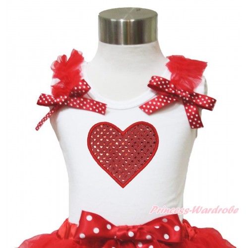 Valentine's Day White Tank Top Red Ruffles Minnie Dots Bow & Sparkle Red Heart Print TB952