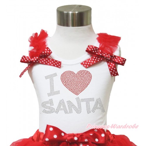 Xmas White Tank Top Red Ruffles Minnie Dots Bow & Sparkle Rhinestone I Love Santa Print TB955