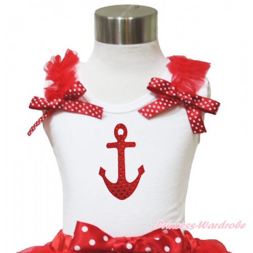 White Tank Top Red Ruffles Minnie Dots Bow & Sparkle Red Anchor Print TB958
