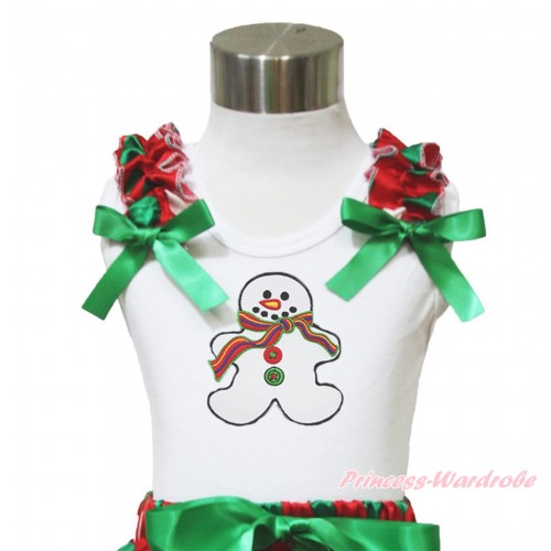 Xmas White Tank Top Red White Green Dots Ruffles Kelly Green Bow & Christmas Gingerbread Snowman Print TB961