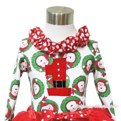 Xmas Santa Claus Long Sleeves Top Minnie Dots Lacing & 1st Santa Claus Birthday Number Print TO397