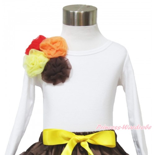 Thanksgiving White Long Sleeve Top & Bunch of Red Orange Yellow Brown Rosettes TW510