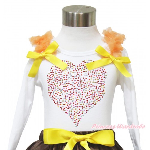 Valentine's Day White Long Sleeves Top Orange Ruffles Yellow Bow & Sparkle Rhinestone Rainbow Heart TW515