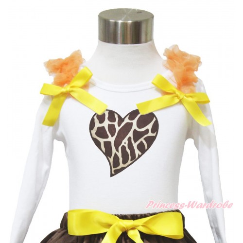 Valentine's Day White Long Sleeves Top Orange Ruffles Yellow Bow & Giraffe Heart TW516
