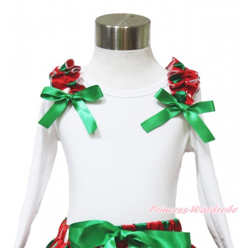 Xmas White Long Sleeves Top Red White Green Dots Ruffles Kelly Green Bow TW519