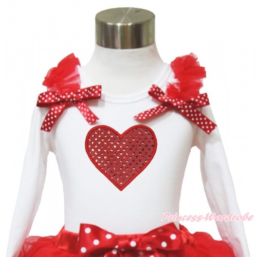Valentine's Day White Long Sleeves Top Red Ruffles Minnie Dots Bow & Sparkle Red Heart TW522