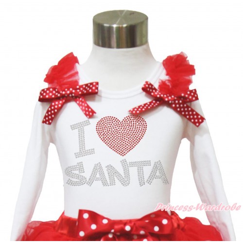 Xmas White Long Sleeves Top Red Ruffles Minnie Dots Bow & Sparkle Rhinestone I Love Santa TW525
