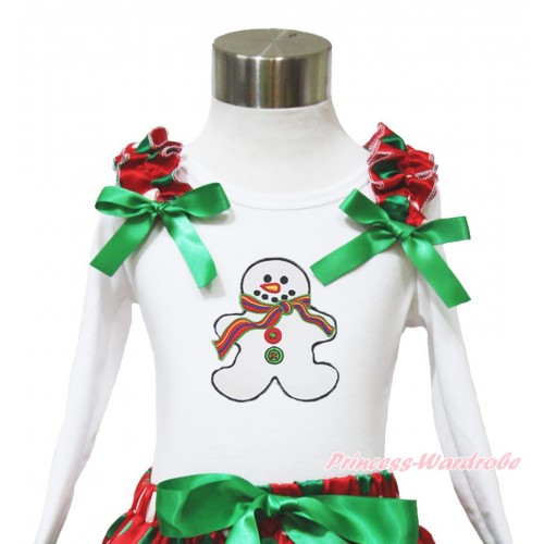 Xmas White Long Sleeves Top Red White Green Dots Ruffles Kelly Green Bow & Christmas Gingerbread Snowman TW529