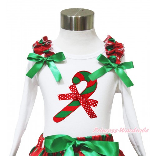 Xmas White Long Sleeves Top Red White Green Dots Ruffles Kelly Green Bow & Christmas Stick & Minnie Dots Bow TW530