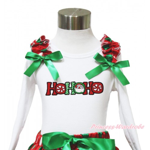 Xmas White Long Sleeves Top Red White Green Dots Ruffles Kelly Green Bow & HOHOHO Santa Claus TW531