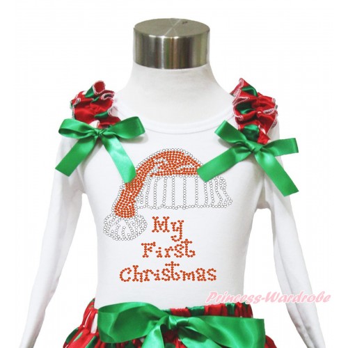 Xmas White Long Sleeves Top Red White Green Dots Ruffles Kelly Green Bow & Sparkle Rhinestone Christmas Hat TW532