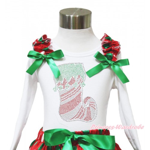 Xmas White Long Sleeves Top Red White Green Dots Ruffles Kelly Green Bow & Sparkle Rhinestone Christmas Stocking TW534