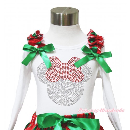 Xmas White Long Sleeves Top Red White Green Dots Ruffles Kelly Green Bow & Sparkle Rhinestone Red Minnie TW535