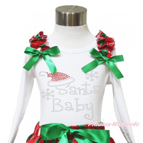 Xmas White Long Sleeves Top Red White Green Dots Ruffles Kelly Green Bow & Sparkle Rhinestone Santa Baby TW536