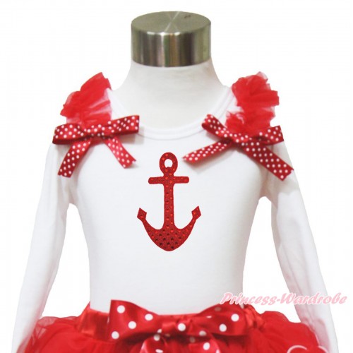 White Long Sleeves Top Red Ruffles Minnie Dots Bow & Sparkle Red Anchor TW538